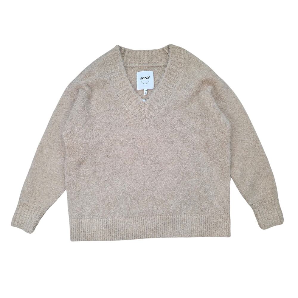 Aerie Boucle Sweater Womens M Beige Oversized V Neck Fuzzy Soft Knit NWT